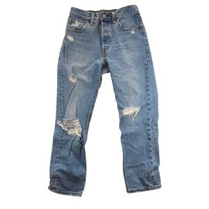 Levis 501 Original Fit Distressed Light Wash High Rise Straight Leg Jeans W25